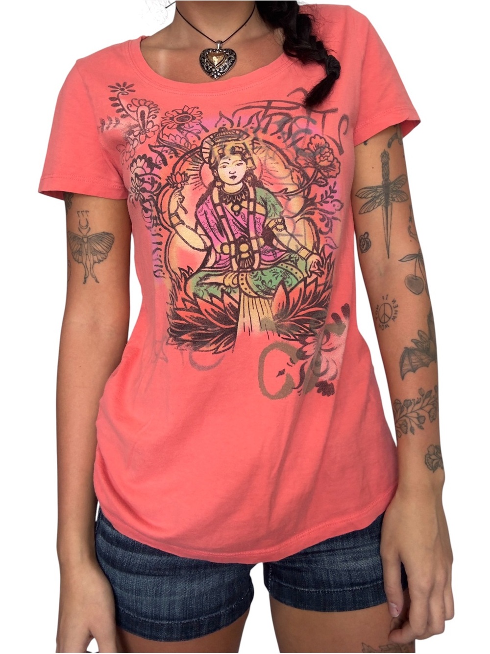 Y2K lucky brand Graphic Short-Sleeve Women's Tee - Boho Lotus Print - Picture 1 of 8